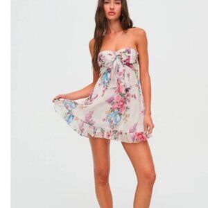 NEW FOR LOVE AND LEMONS TEAGAN STRAPLESS CHIFFON MINI DRESS IN FLORAL PRINT SZ S